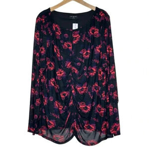 Lane‎ Bryant Mesh Black Red Floral Top Shirt Ruching Sheer Sleeves Sz 30/32 NEW